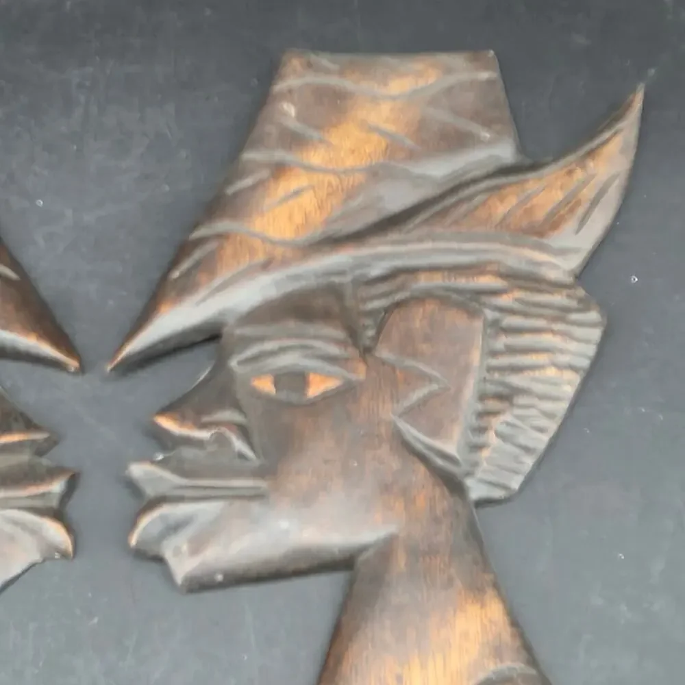 Pair Vintage African Hand Carved Wood Tribal Head Wall Art Sculptures Folk Art